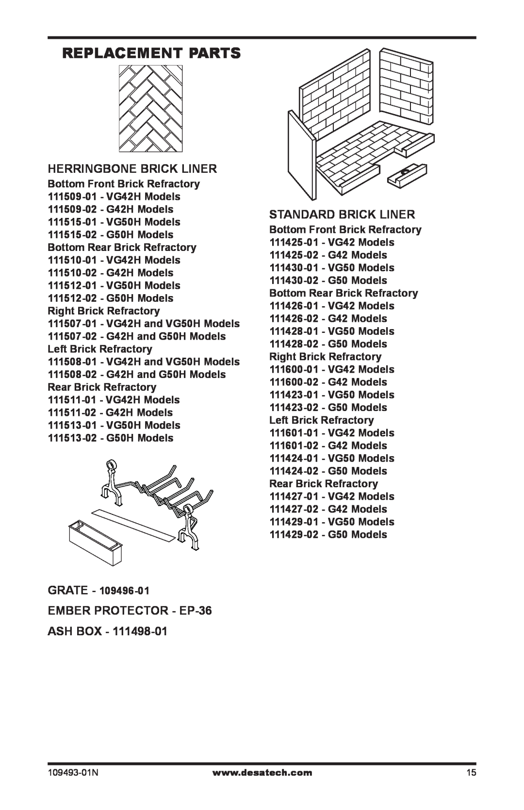 Desa (V)G42HR/50HR Replacement Parts, Herringbone Brick Liner, Ember Protector - EP-36 Ash Box, StandarD Brick Liner 