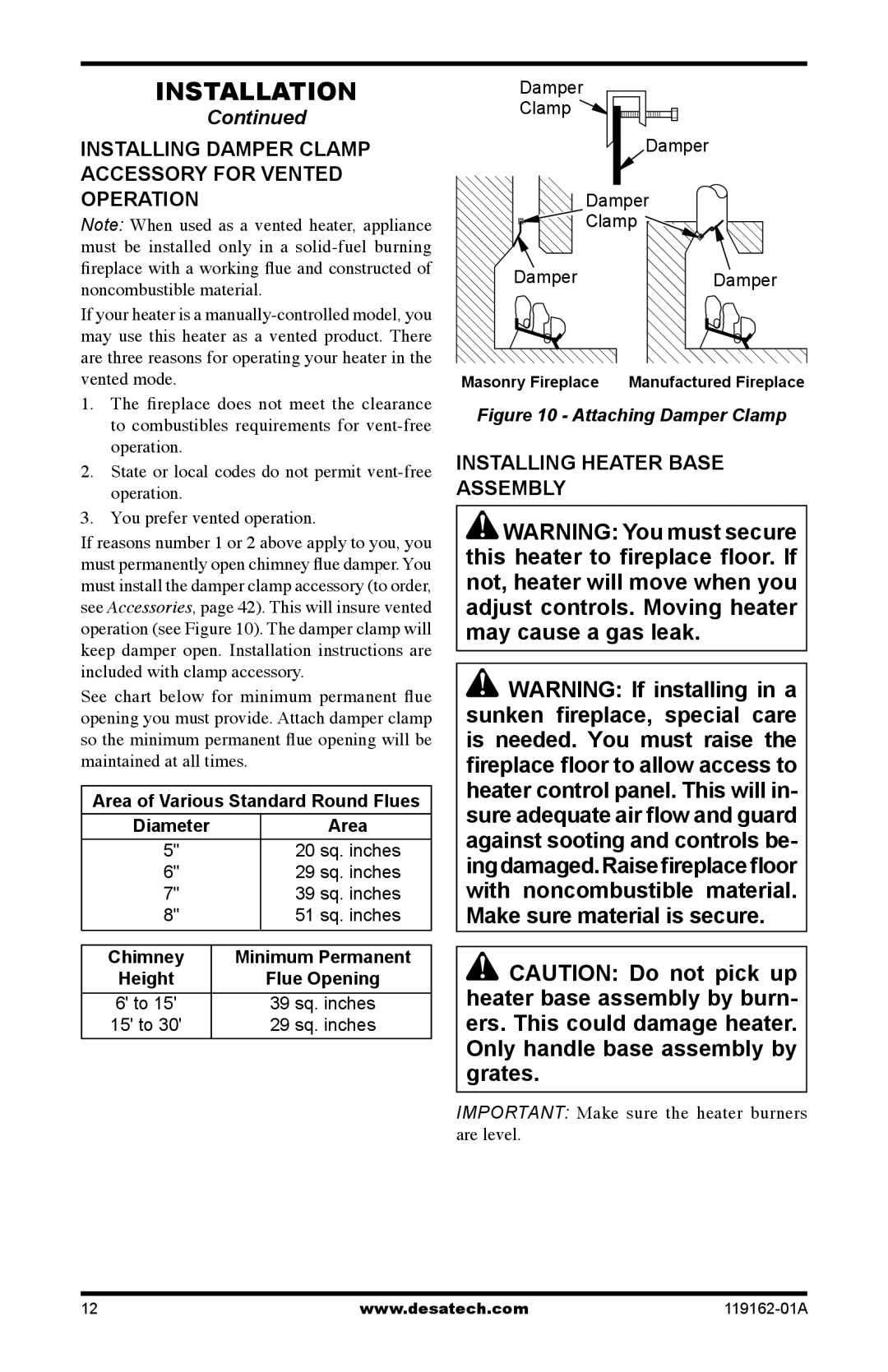 Desa VGC18NR/PR installation manual Installing Damper Clamp Accessory for Vented Operation, Installing Heater Base Assembly 