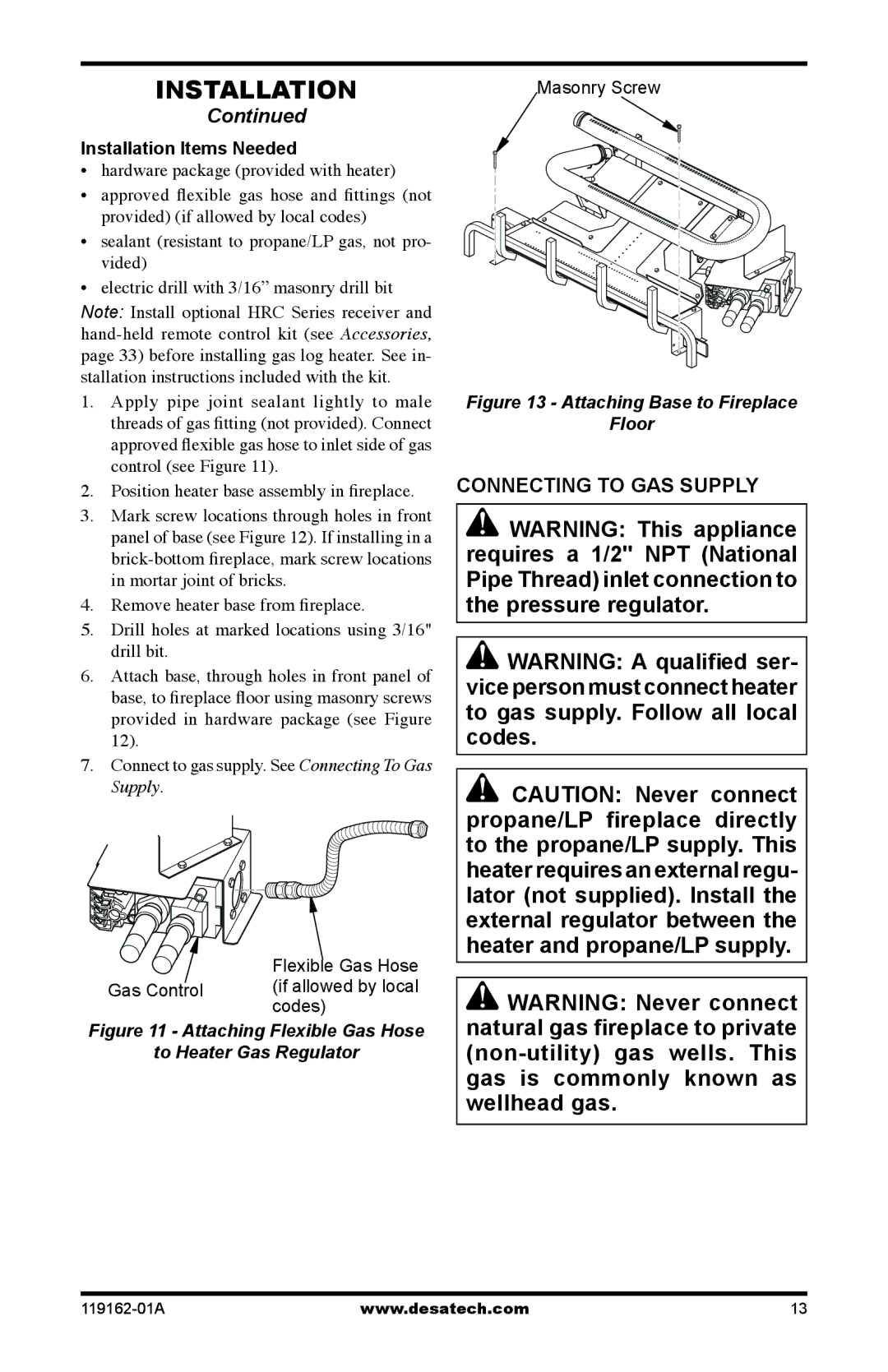 Desa VGC18NR/PR installation manual Connecting to GAS Supply, Installation Items Needed 