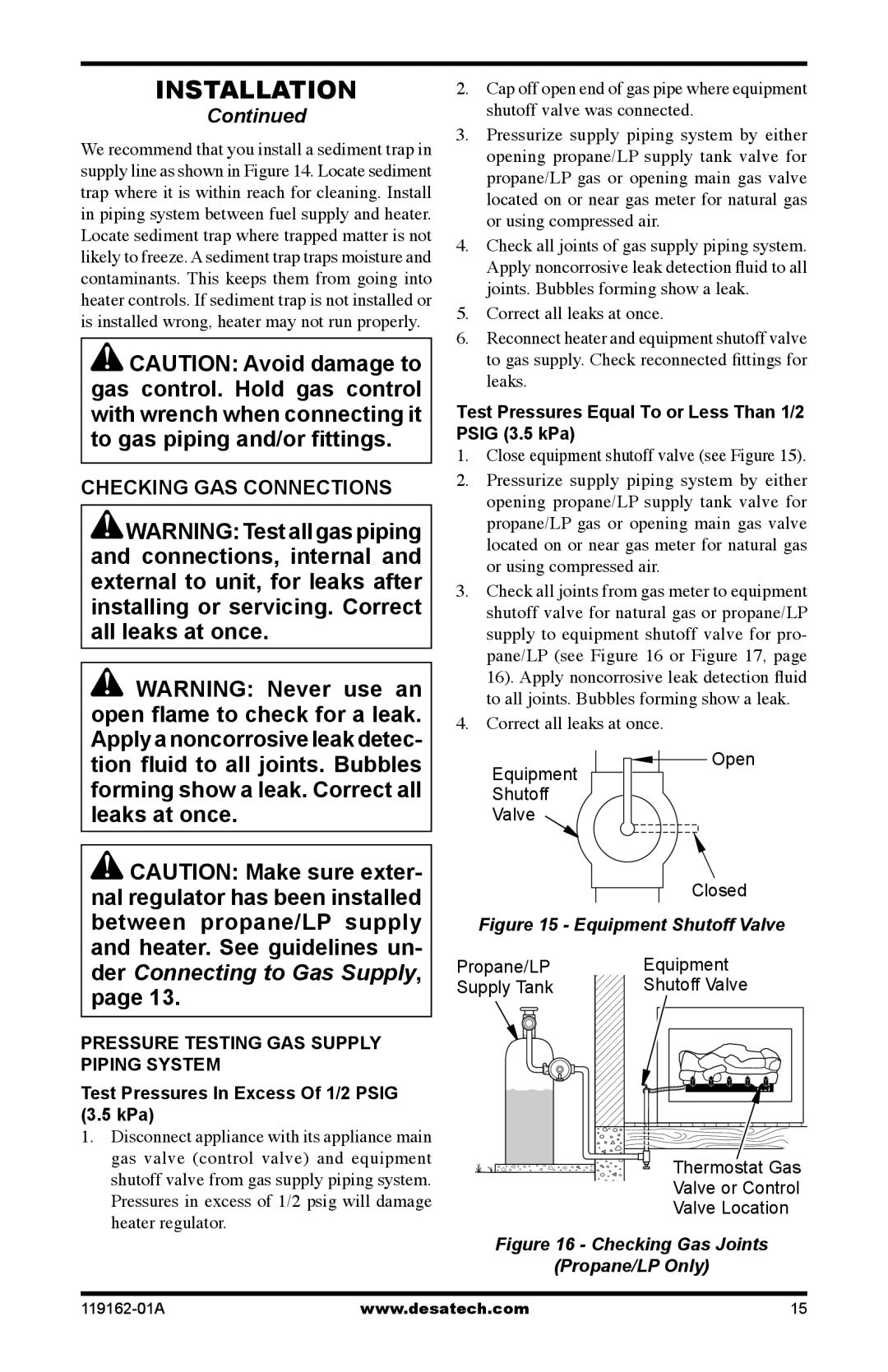 Desa VGC18NR/PR installation manual Checking GAS Connections, Test Pressures Equal To or Less Than 1/2 Psig 3.5 kPa 