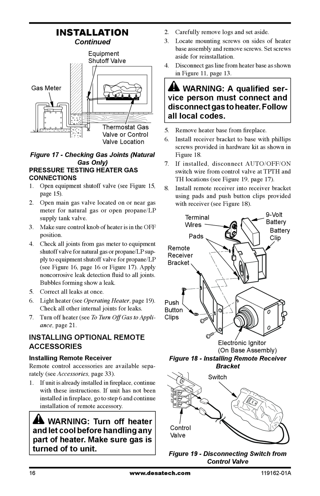 Desa VGC18NR/PR installation manual Installing optional remote accessories, Pressure Testing Heater Gas Connections 