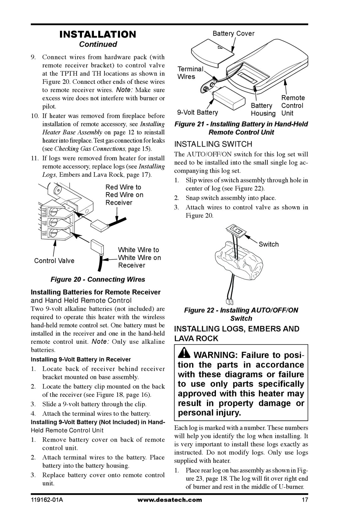 Desa VGC18NR/PR installation manual Installing Switch, Installing LOGS, Embers and Lava Rock 