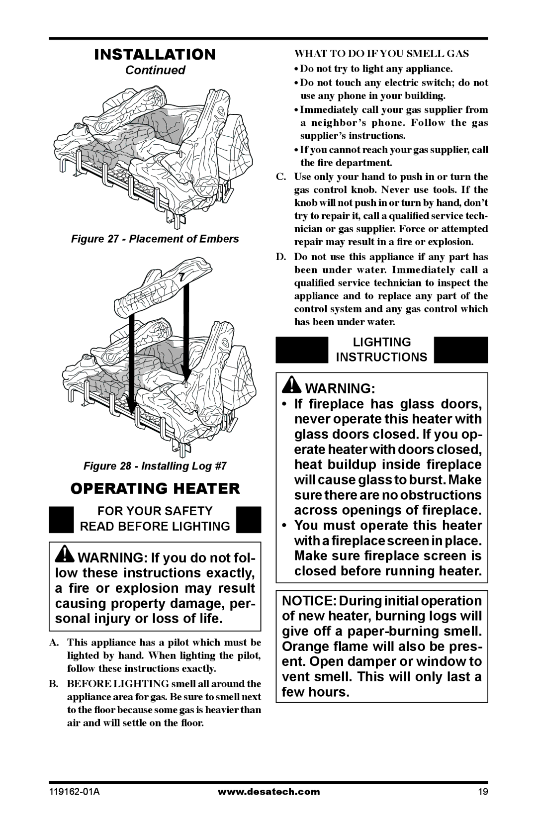 Desa VGC18NR/PR installation manual Operating Heater, For Your Safety Read Before Lighting, Lighting Instructions 