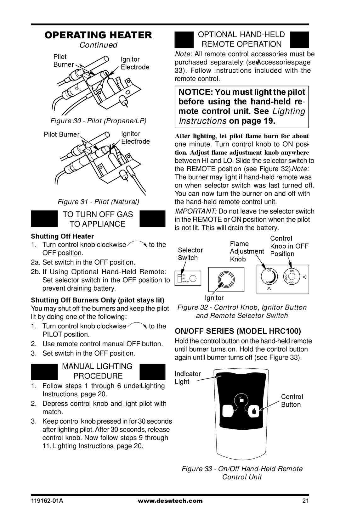 Desa VGC18NR/PR To Turn OFF GAS To Appliance, Manual Lighting Procedure, Optional Hand-Held, Remote Operation 