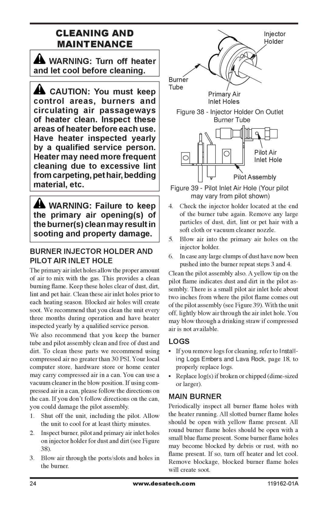 Desa VGC18NR/PR installation manual Cleaning Maintenance, Burner Injector Holder Pilot Air Inlet Hole, Logs, Main burner 