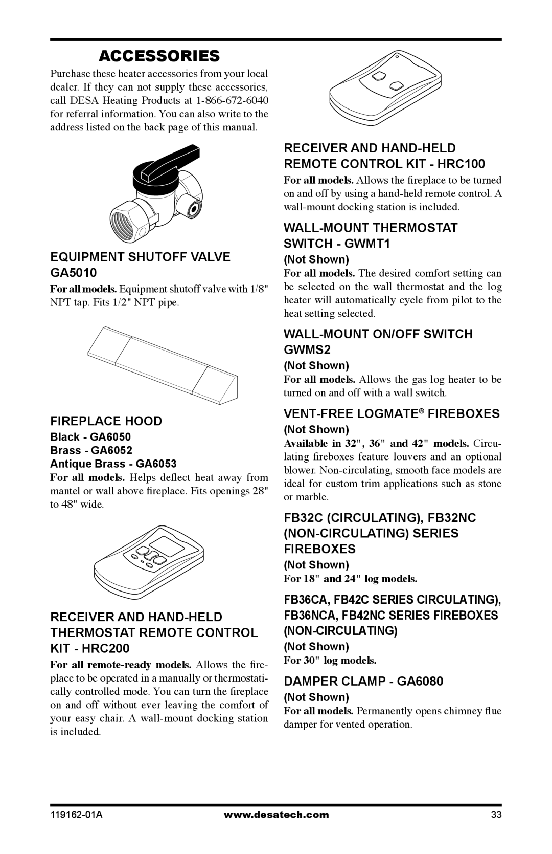 Desa VGC18NR/PR installation manual Accessories 