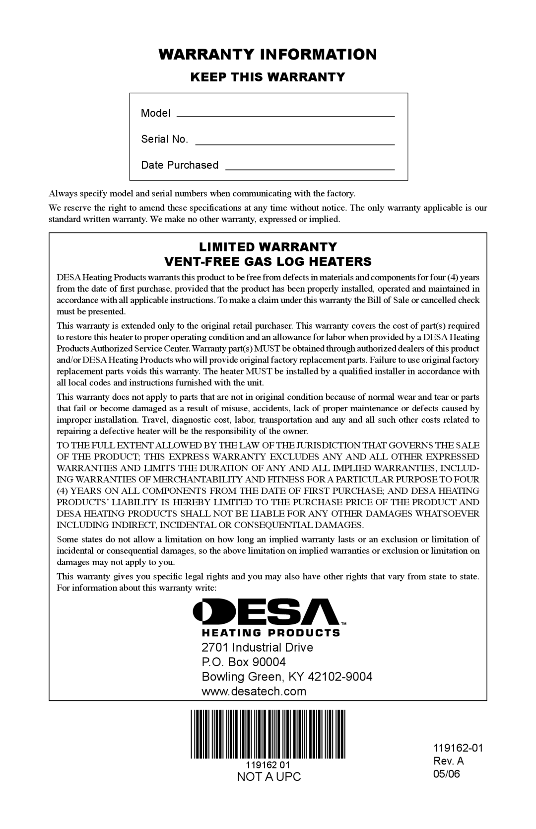 Desa VGC18NR/PR installation manual Warranty Information, Keep this Warranty, Limited Warranty VENT-FREE GAS LOG Heaters 