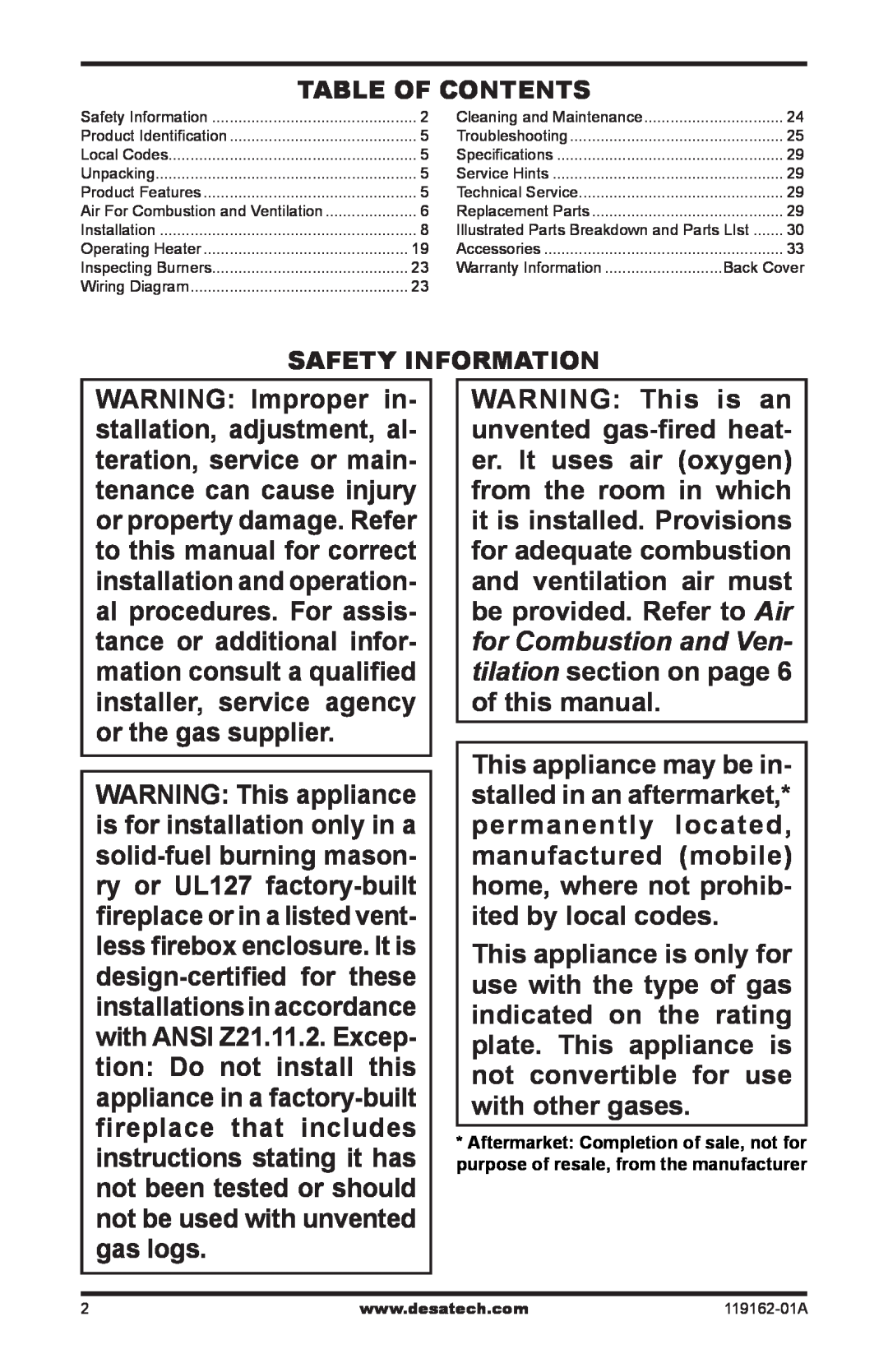 Desa VGC18NR/PR installation manual Table of Contents, Safety Information 