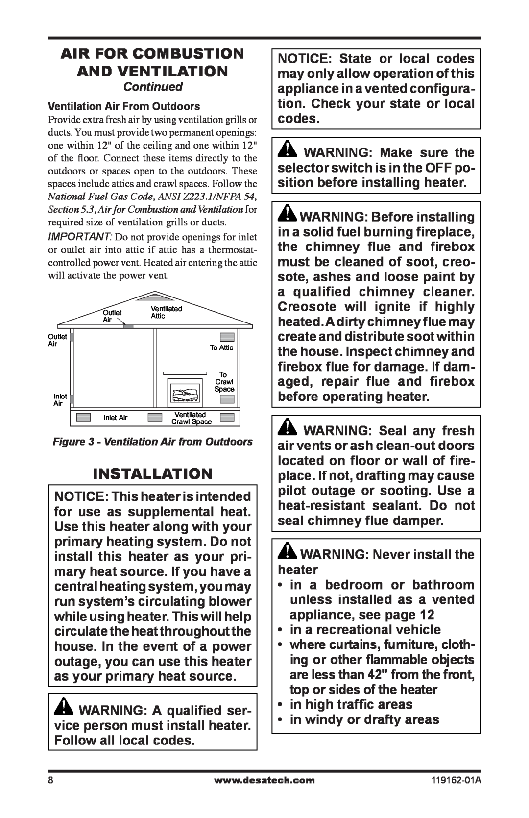 Desa VGC18NR/PR installation manual Air For Combustion And Ventilation, Installation 