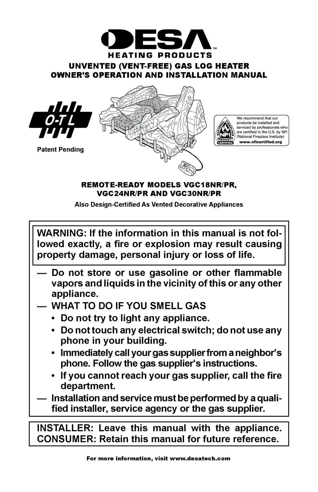 Desa installation manual Remote-Ready Models VGC18NR/PR VGC24NR/PR and VGC30NR/PR, Patent Pending 