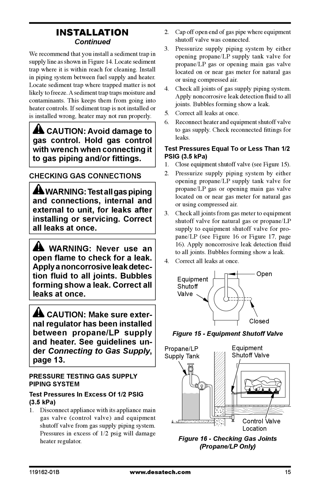 Desa VGC30NR/PR, VGC24NR/PR Checking GAS Connections, Test Pressures Equal To or Less Than 1/2 Psig 3.5 kPa 