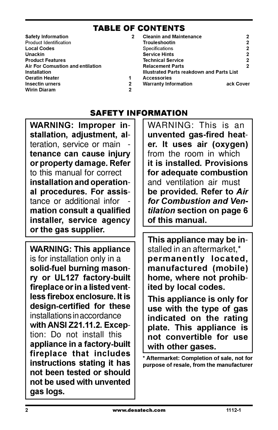 Desa VGC24NR/PR, VGC30NR/PR installation manual Table of Contents, Safety Information 