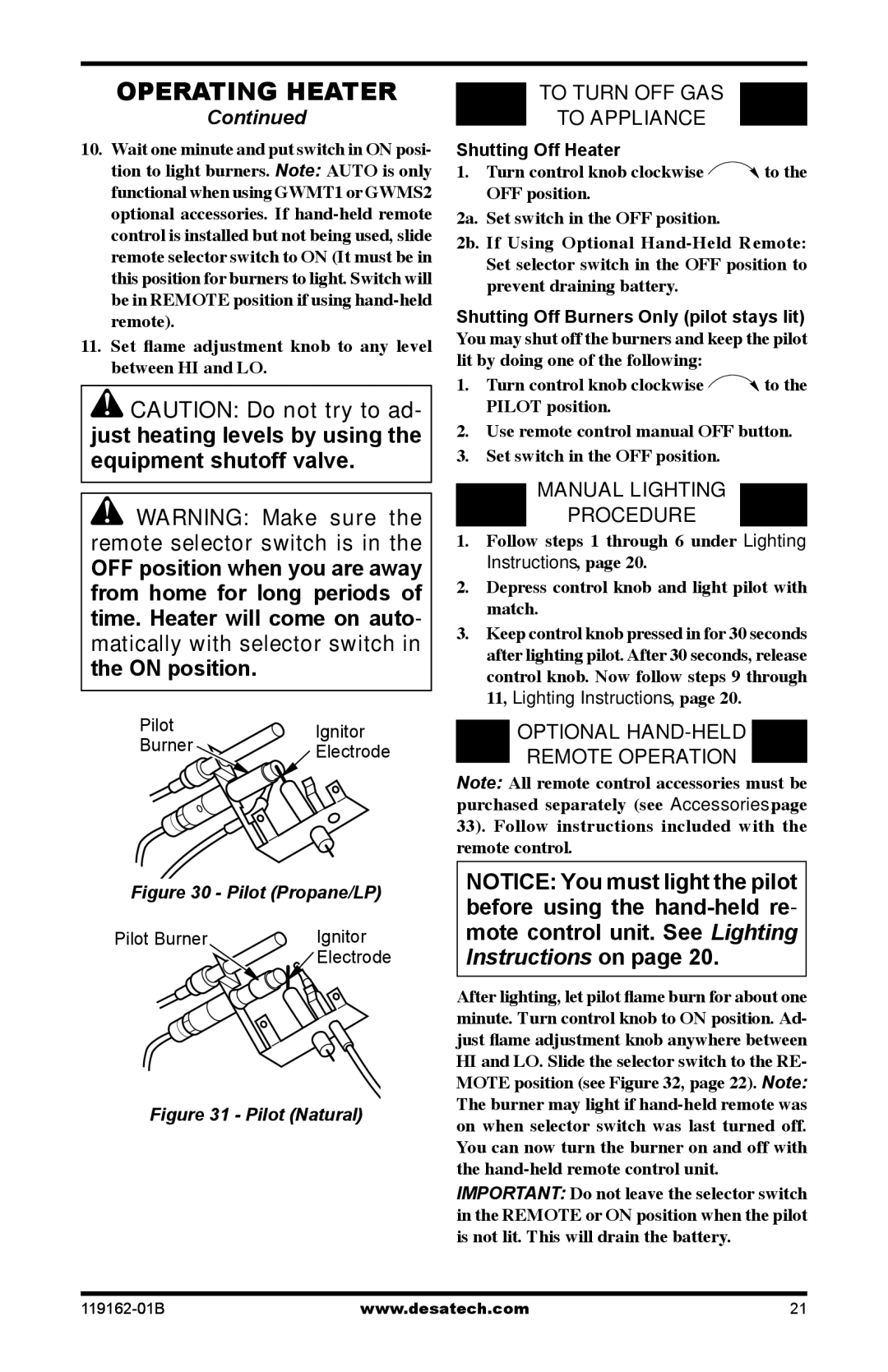 Desa VGC30NR/PR, VGC24NR/PR To Turn OFF GAS To Appliance, Manual Lighting Procedure, Optional Hand-Held, Remote Operation 