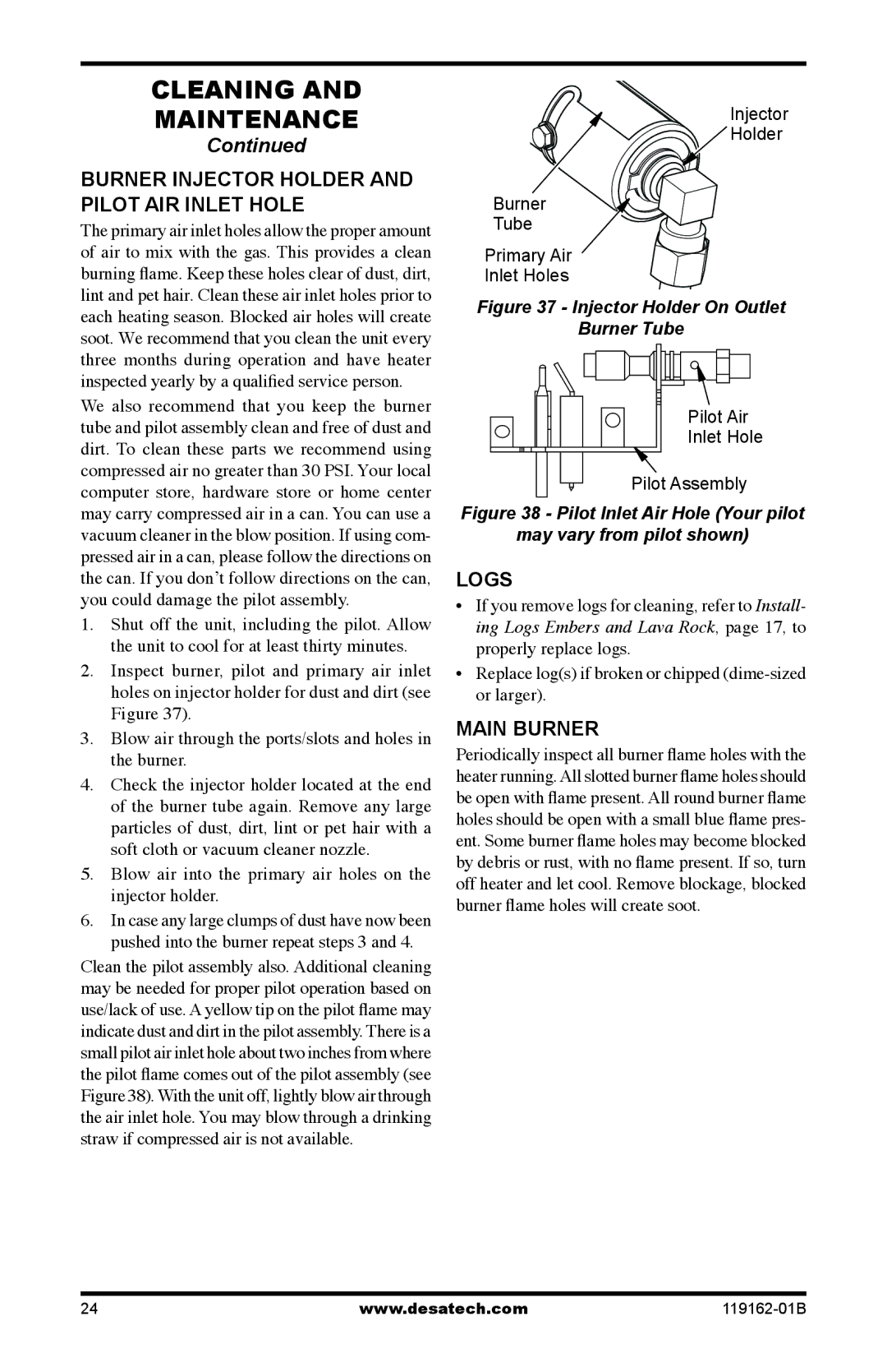 Desa VGC24NR/PR, VGC30NR/PR installation manual Burner Injector Holder Pilot Air Inlet Hole, Logs, Main burner 