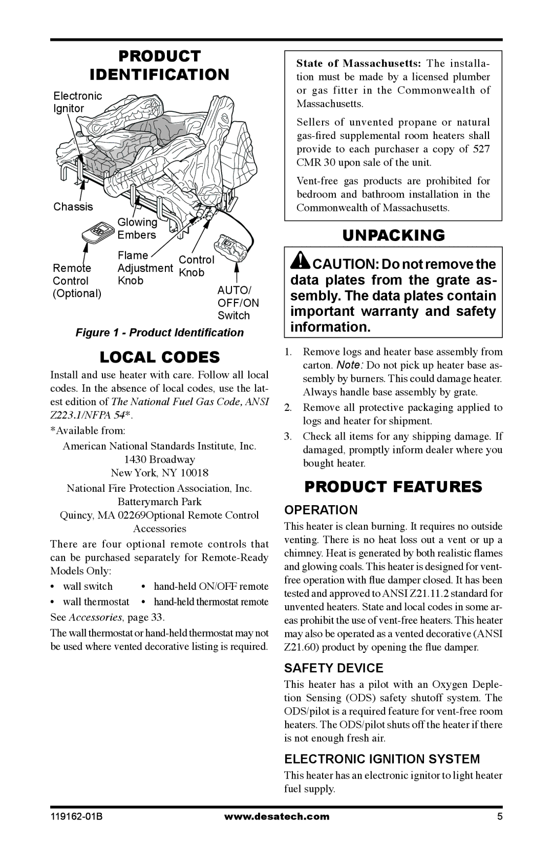 Desa VGC30NR/PR, VGC24NR/PR installation manual Product Identification, Local Codes, Unpacking, Product Features 