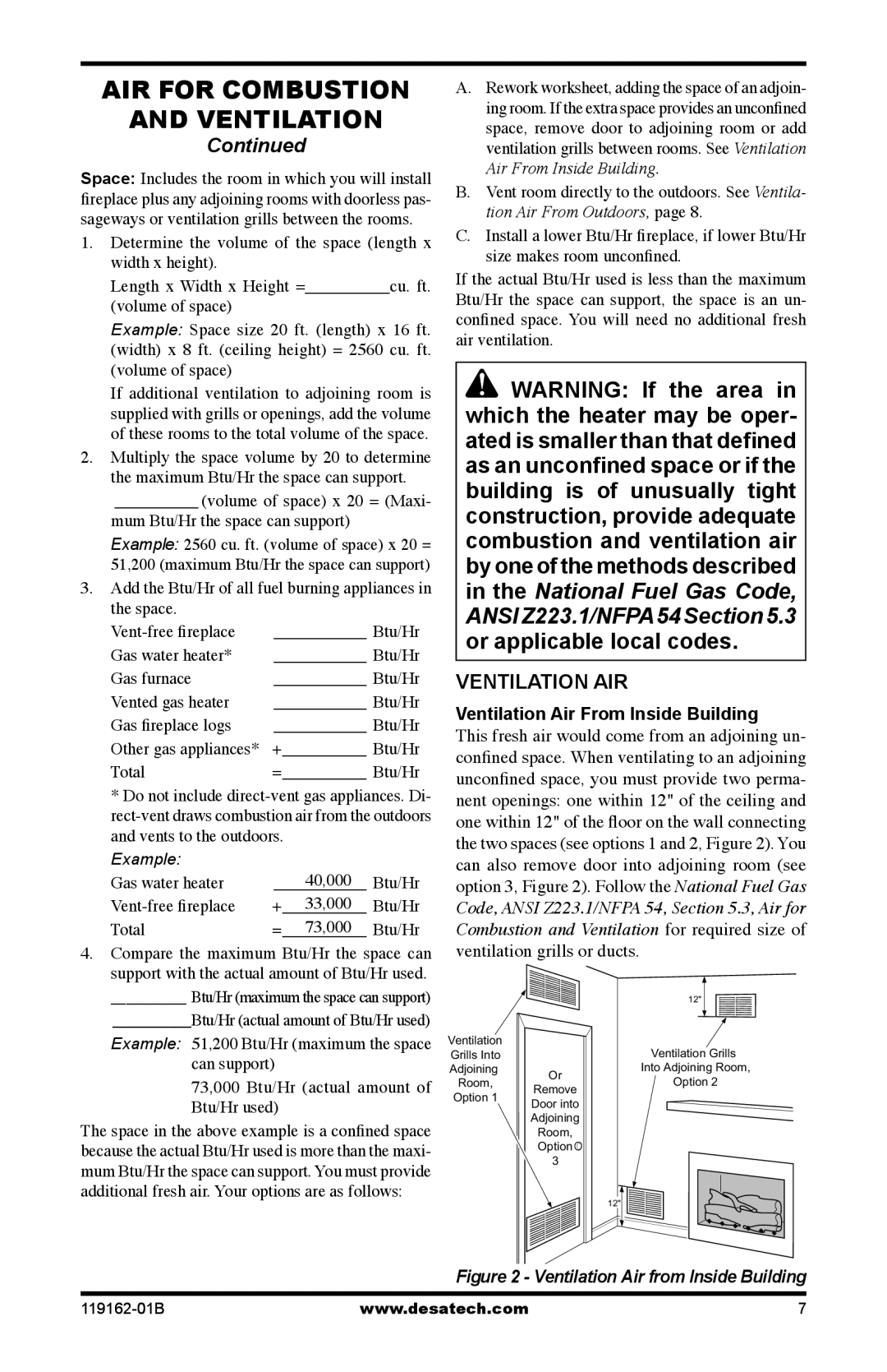 Desa VGC30NR/PR, VGC24NR/PR installation manual Ventilation AIR, Ventilation Air From Inside Building 