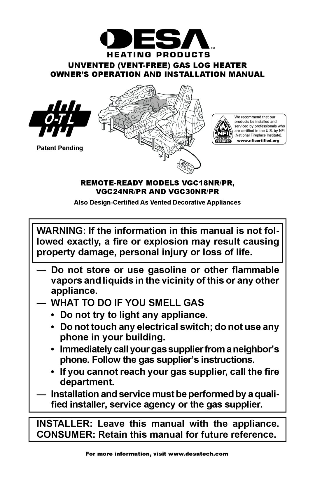Desa VGC30NR/PR, VGC24NR/PR installation manual What To Do If You Smell Gas 