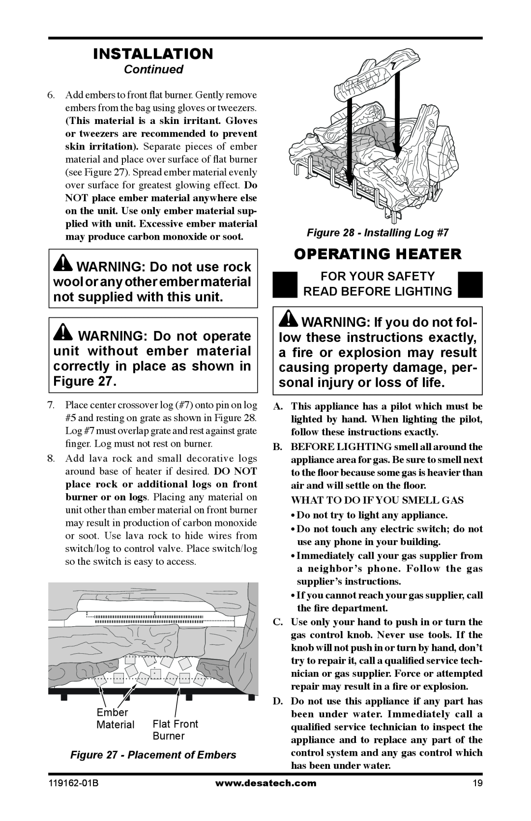 Desa VGC30NR/PR, VGC24NR/PR installation manual Installation, Operating Heater, For Your Safety Read Before Lighting 