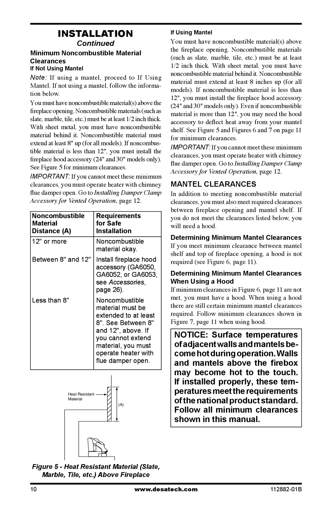 Desa VGL18PRA, VGL24NRA, VGL24PRA, VGL30NRA installation manual Mantel Clearances, Minimum Noncombustible Material Clearances 