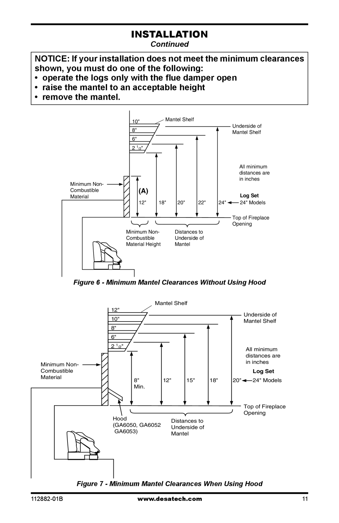 Desa VGL30NRA, VGL24NRA, VGL24PRA, VGL18PRA installation manual Minimum Mantel Clearances Without Using Hood 