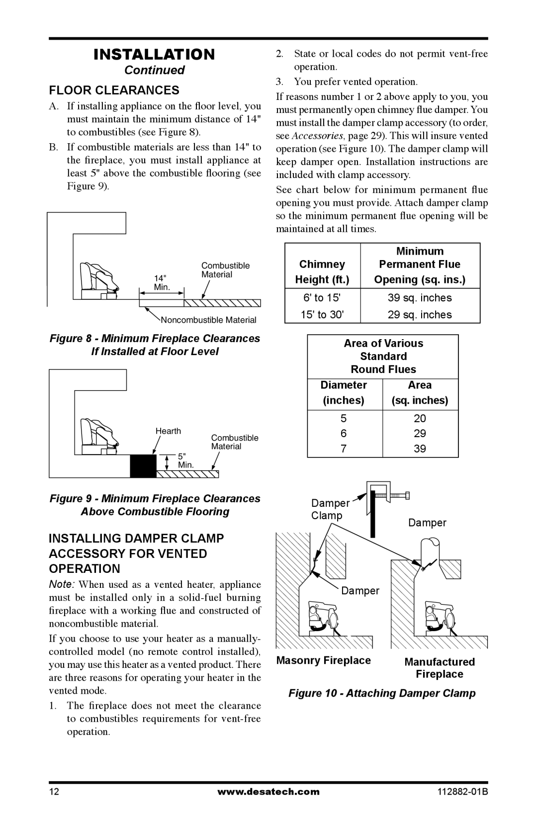 Desa VGL24NRA, VGL24PRA, VGL18PRA, VGL30NRA Floor Clearances, Installing Damper Clamp Accessory for Vented Operation 