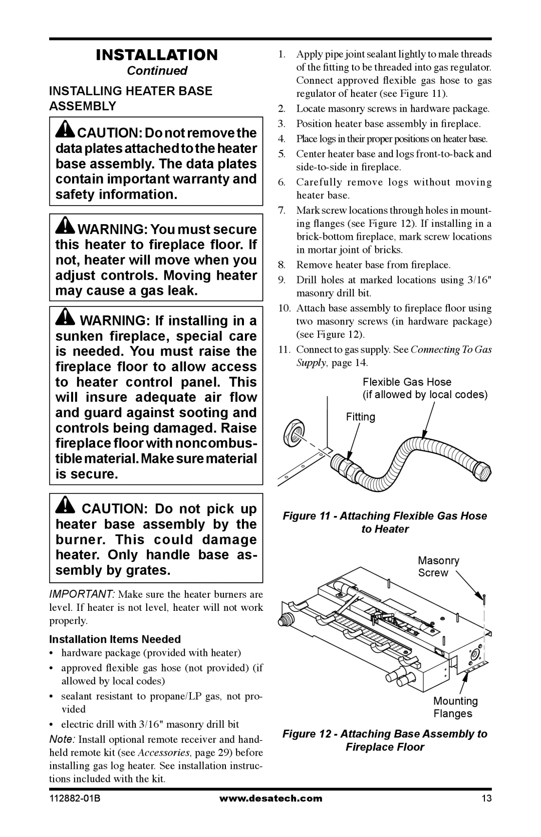 Desa VGL24PRA, VGL24NRA, VGL18PRA, VGL30NRA installation manual Installing Heater Base Assembly, Installation Items Needed 