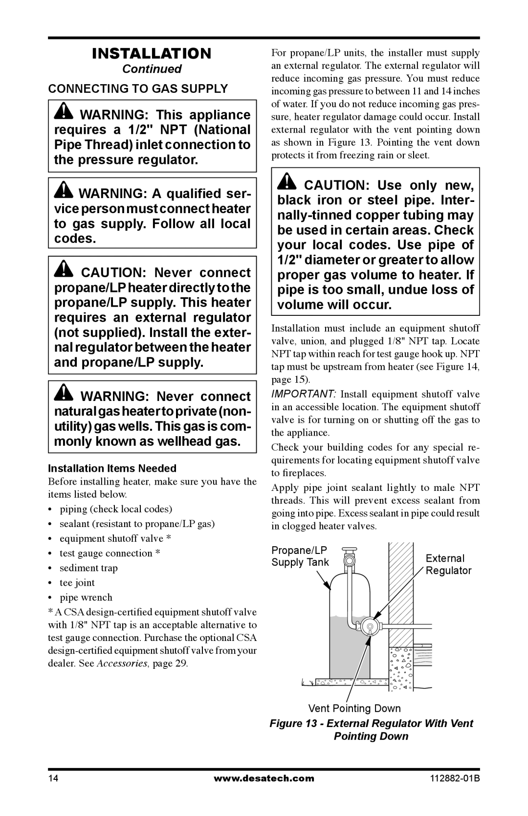 Desa VGL18PRA, VGL24NRA, VGL24PRA, VGL30NRA Connecting to GAS Supply, External Regulator With Vent Pointing Down 