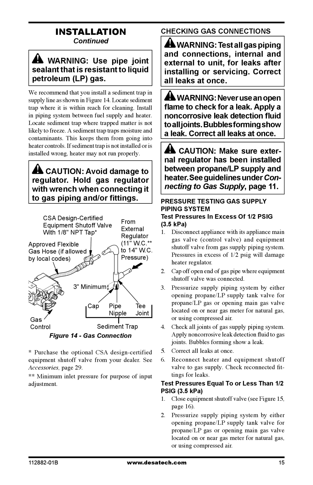 Desa VGL30NRA, VGL24NRA, VGL24PRA, VGL18PRA Checking GAS Connections, Test Pressures In Excess Of 1/2 Psig 3.5 kPa 