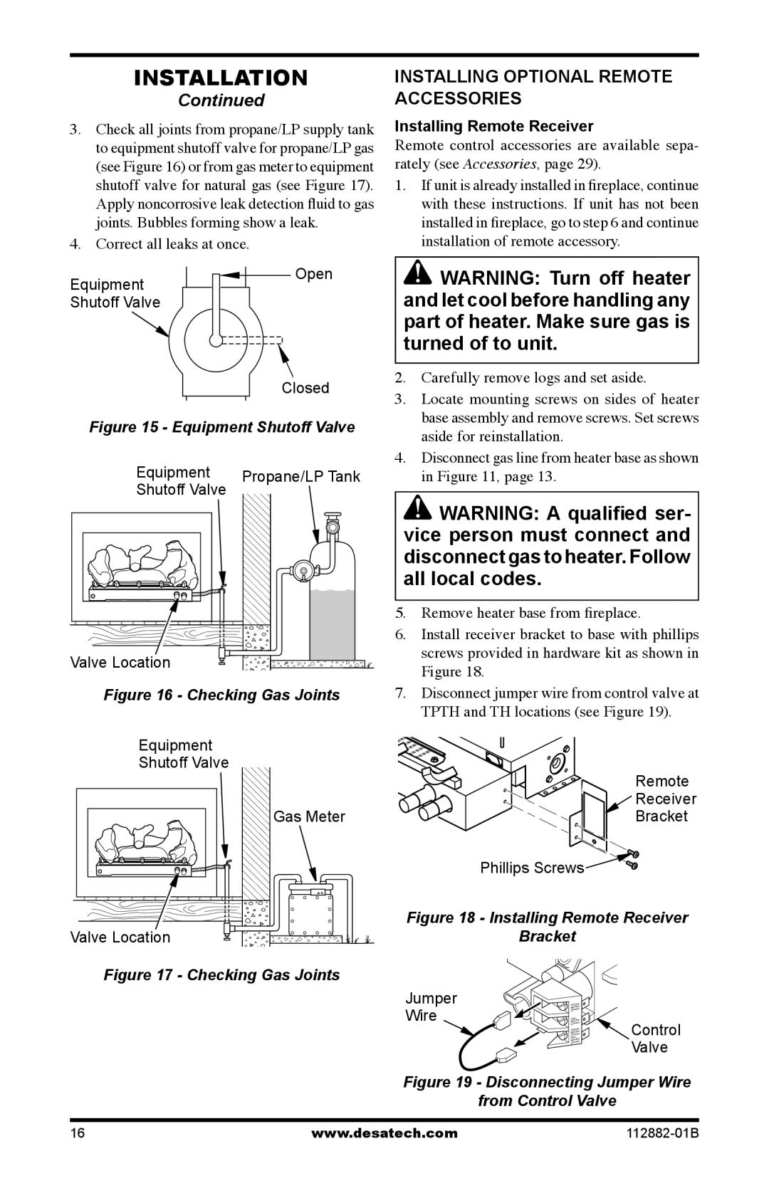 Desa VGL24NRA, VGL24PRA, VGL18PRA, VGL30NRA Installing Optional Remote Accessories, Equipment Shutoff Valve 