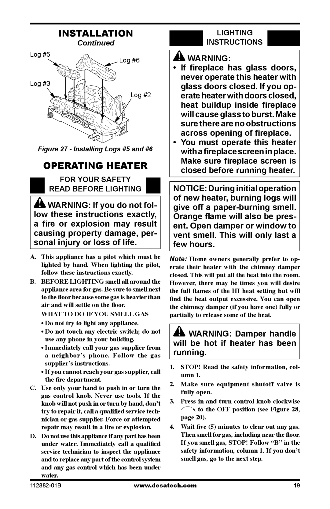 Desa VGL30NRA, VGL24NRA, VGL24PRA, VGL18PRA Operating Heater, For Your Safety Read Before Lighting, Lighting Instructions 