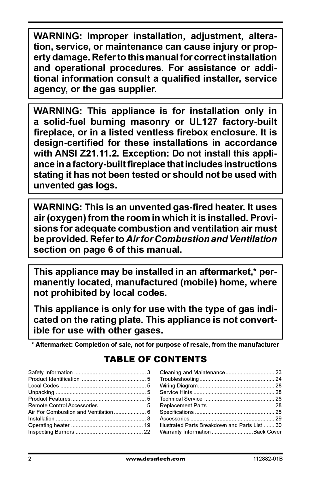 Desa VGL18PRA, VGL24NRA, VGL24PRA, VGL30NRA installation manual Table of Contents 