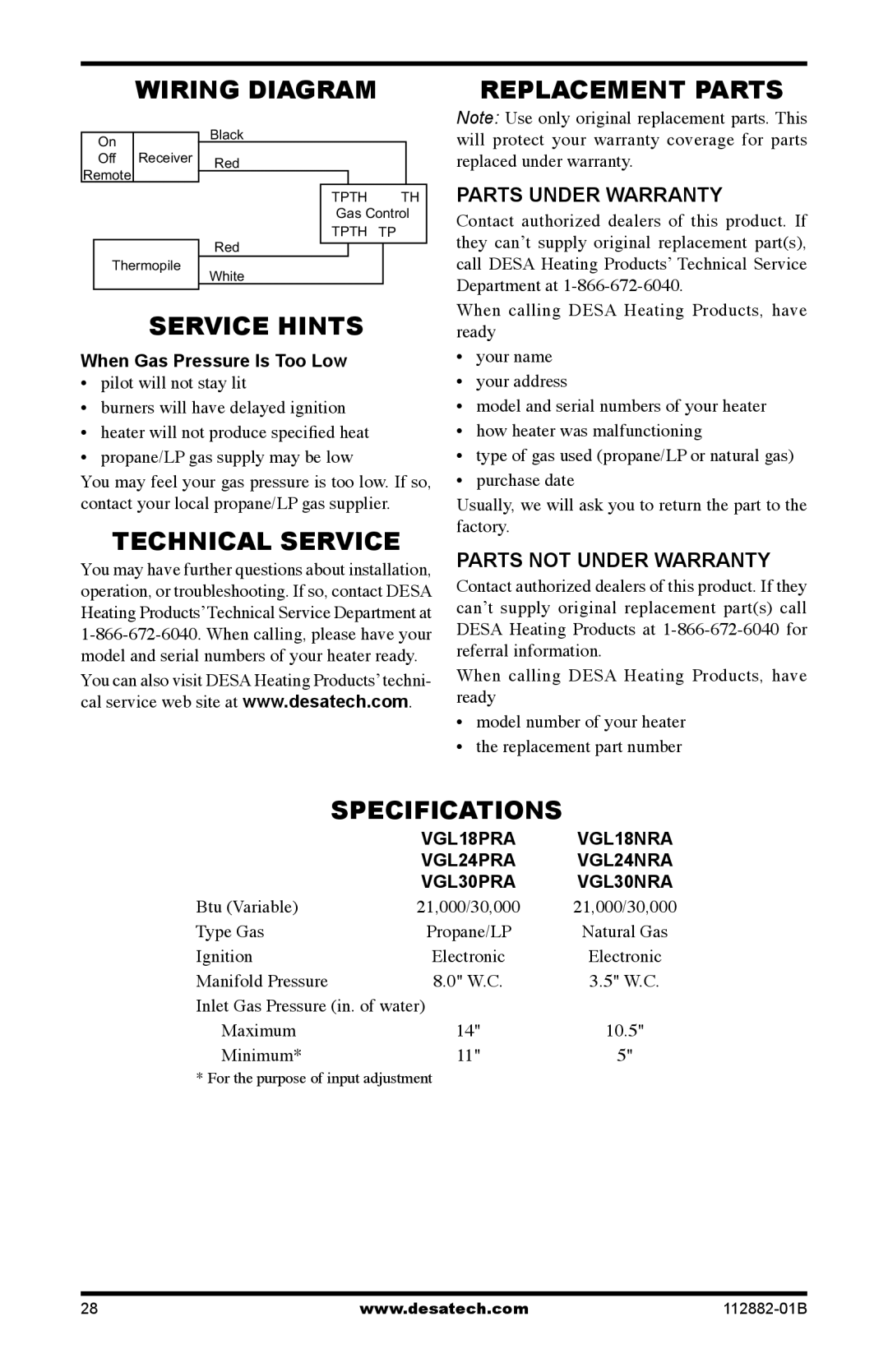 Desa VGL24NRA, VGL24PRA, VGL18PRA Wiring Diagram, Replacement Parts, Service Hints, Technical Service, Specifications 