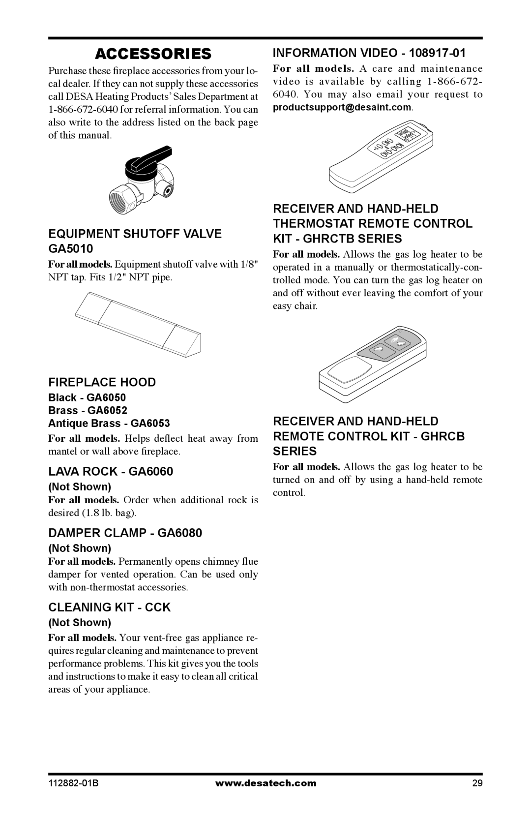 Desa VGL24PRA Information Video, Equipment Shutoff Valve GA5010, Fireplace Hood, Lava Rock GA6060, Damper Clamp GA6080 