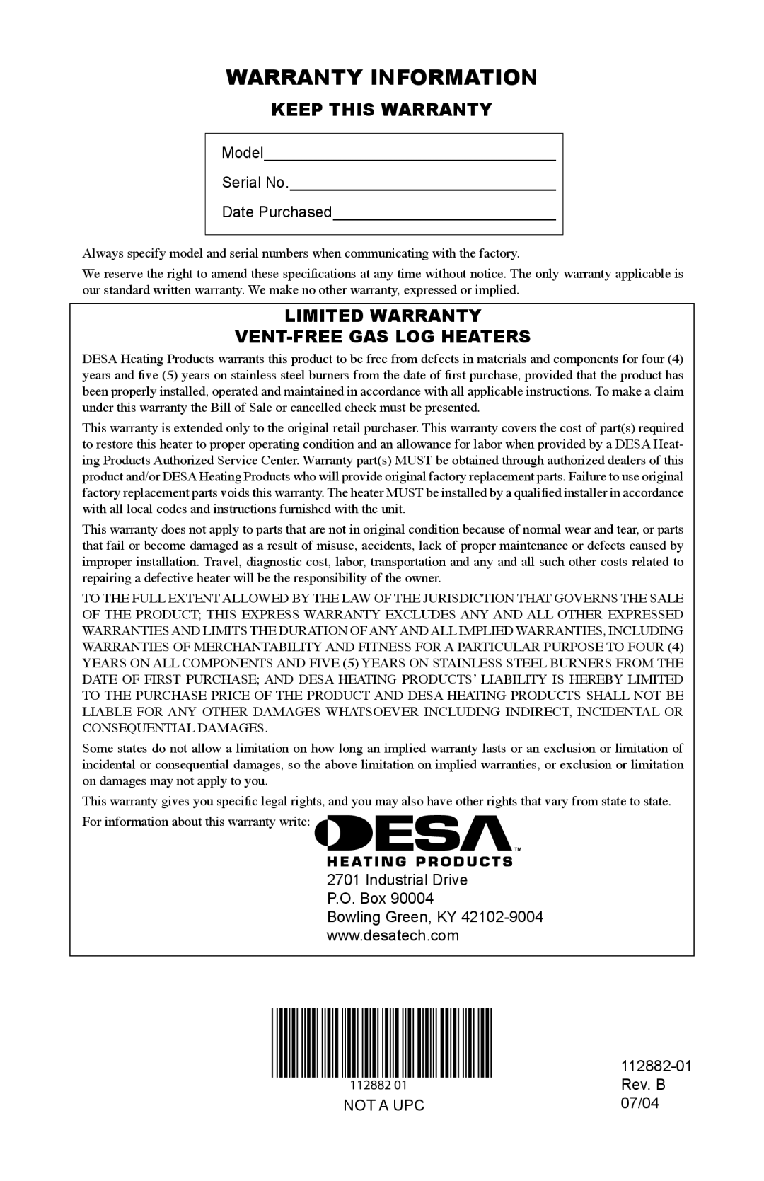 Desa VGL24NRA, VGL24PRA, VGL18PRA Warranty Information, Keep this Warranty, Limited Warranty VENT-FREE GAS LOG Heaters 