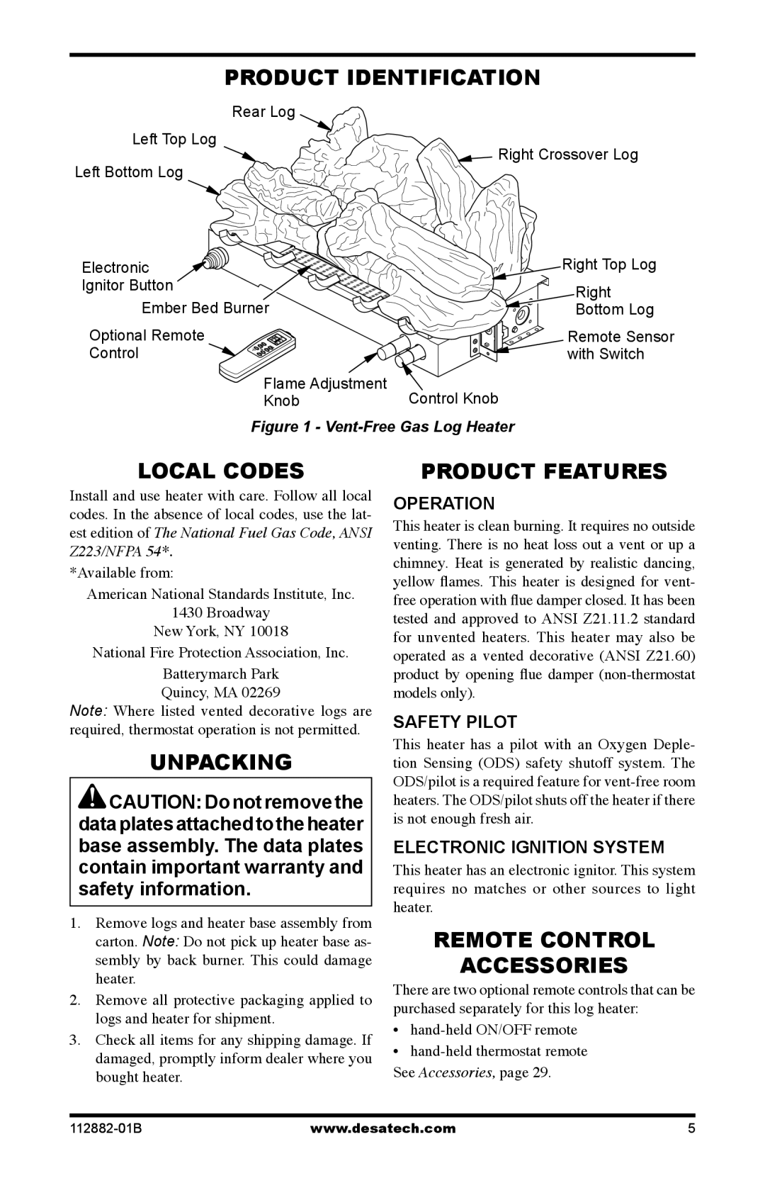 Desa VGL24PRA, VGL24NRA Product Identification, Local Codes, Unpacking, Product Features, Remote Control Accessories 