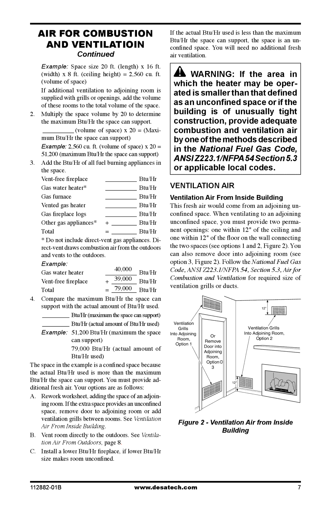 Desa VGL30NRA, VGL24NRA, VGL24PRA AIR for Combustion Ventilatioin, Ventilation AIR, Ventilation Air From Inside Building 