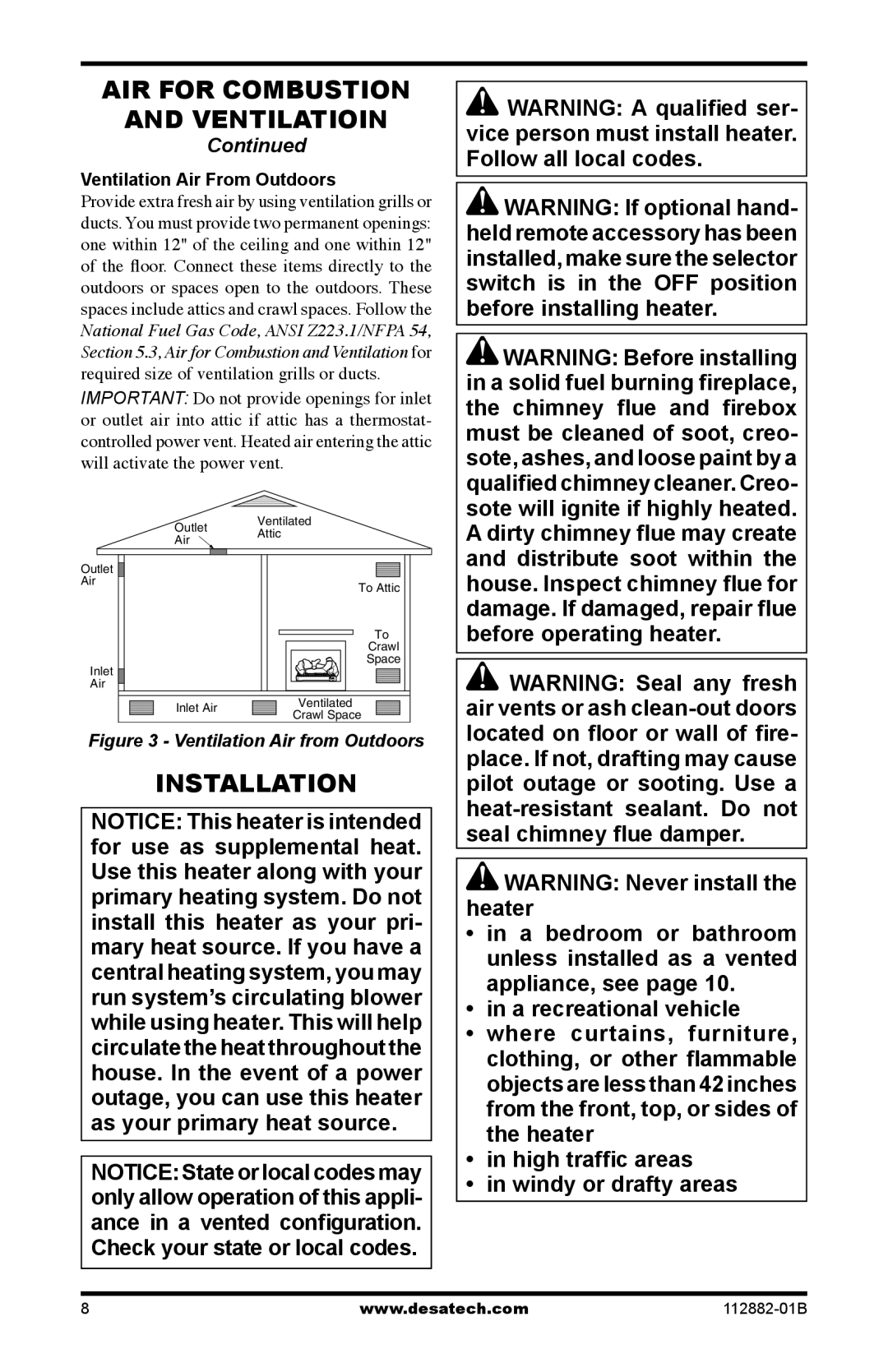 Desa VGL24NRA, VGL24PRA, VGL18PRA, VGL30NRA installation manual Installation, Ventilation Air From Outdoors 