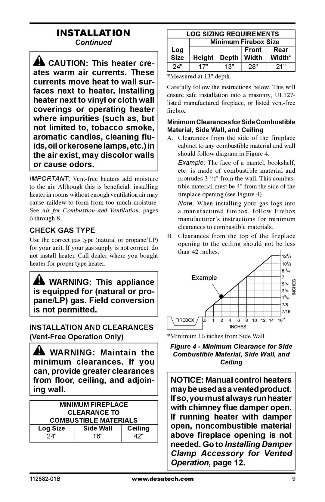 Desa VGL24PRA, VGL24NRA, VGL18PRA, VGL30NRA Check GAS Type, Log Size Side Wall Ceiling, Minimum Firebox Size 