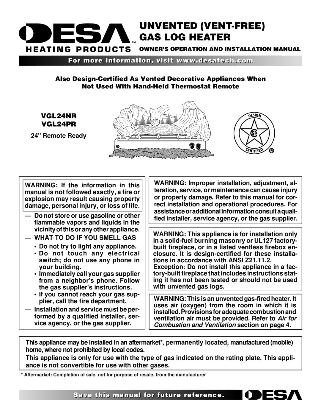 Desa VGL24NR, VGL24PR installation manual Unvented VENT-FREE GAS LOG Heater, What to do if YOU Smell GAS 