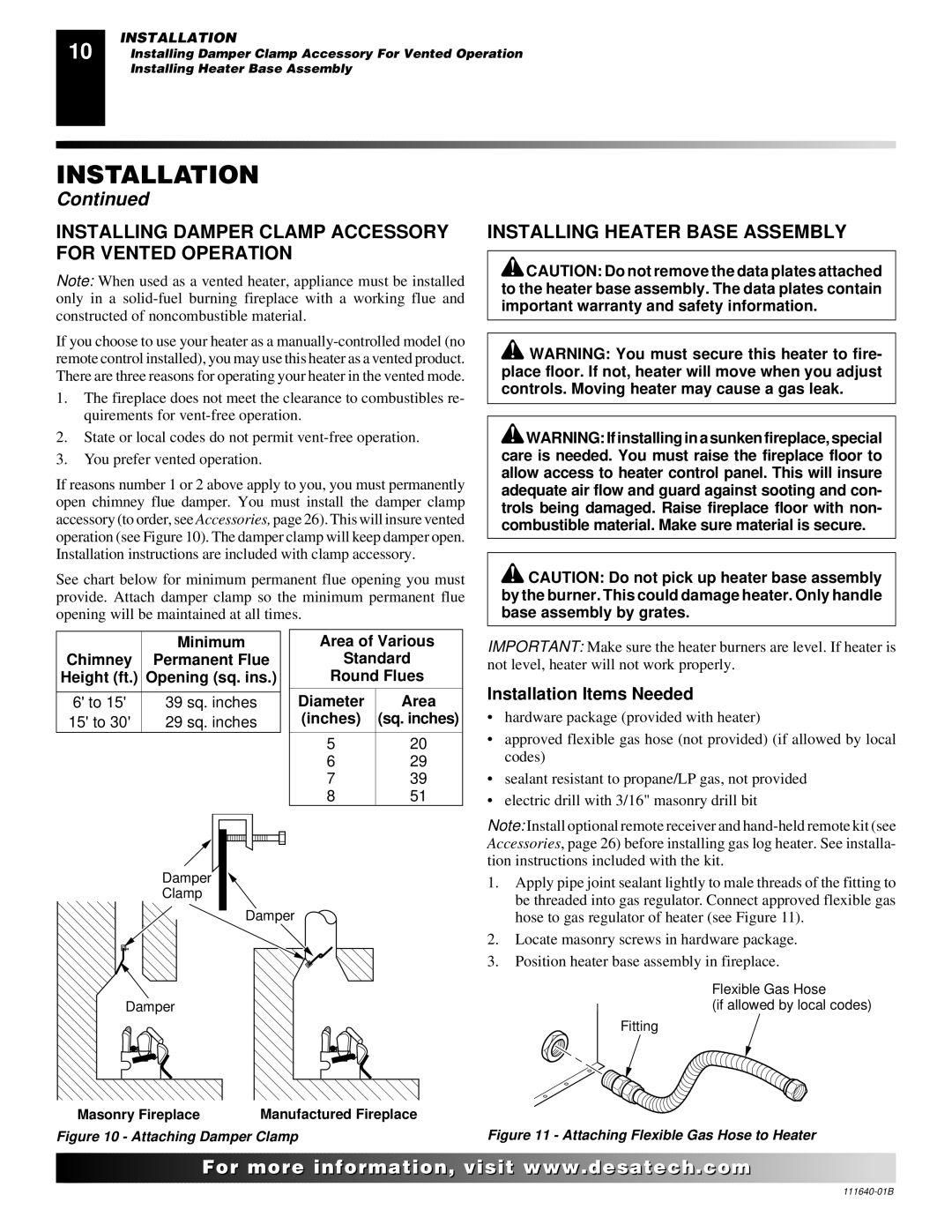 Desa VGL24PR, VGL24NR Installing Damper Clamp Accessory for Vented Operation, Installing Heater Base Assembly 