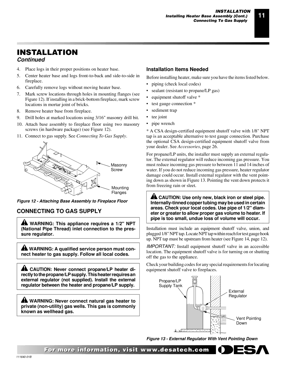 Desa VGL24NR, VGL24PR installation manual Connecting to GAS Supply, Attaching Base Assembly to Fireplace Floor 