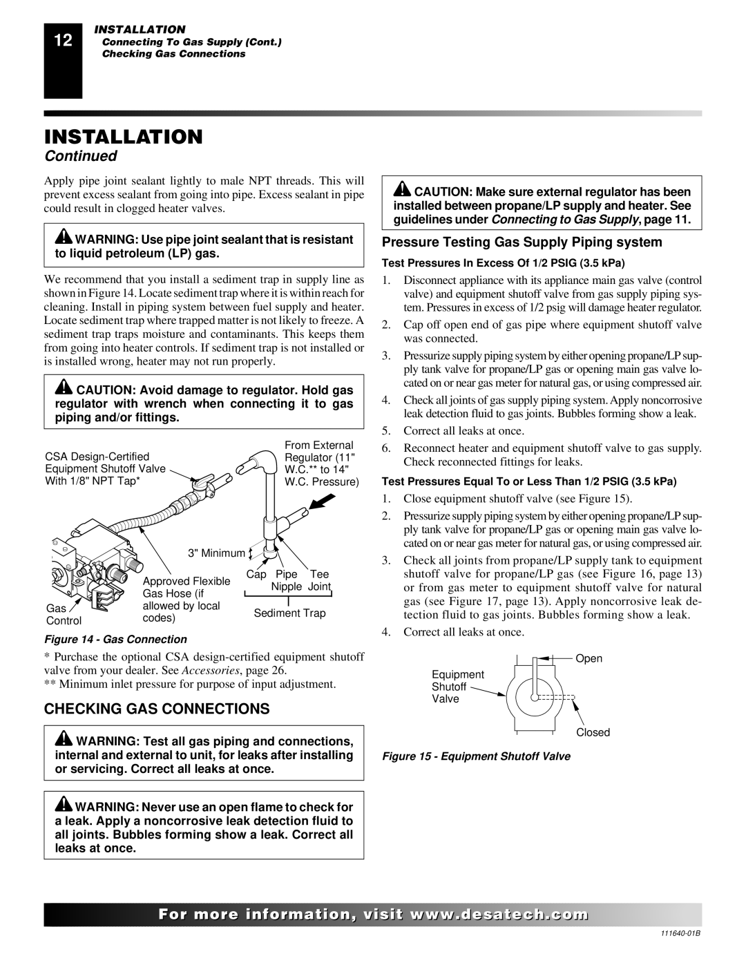 Desa VGL24PR, VGL24NR installation manual Checking GAS Connections, Pressure Testing Gas Supply Piping system 