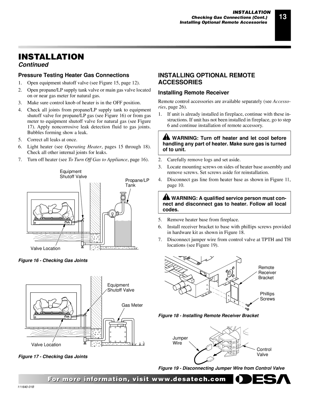 Desa VGL24NR Installing Optional Remote Accessories, Pressure Testing Heater Gas Connections, Installing Remote Receiver 