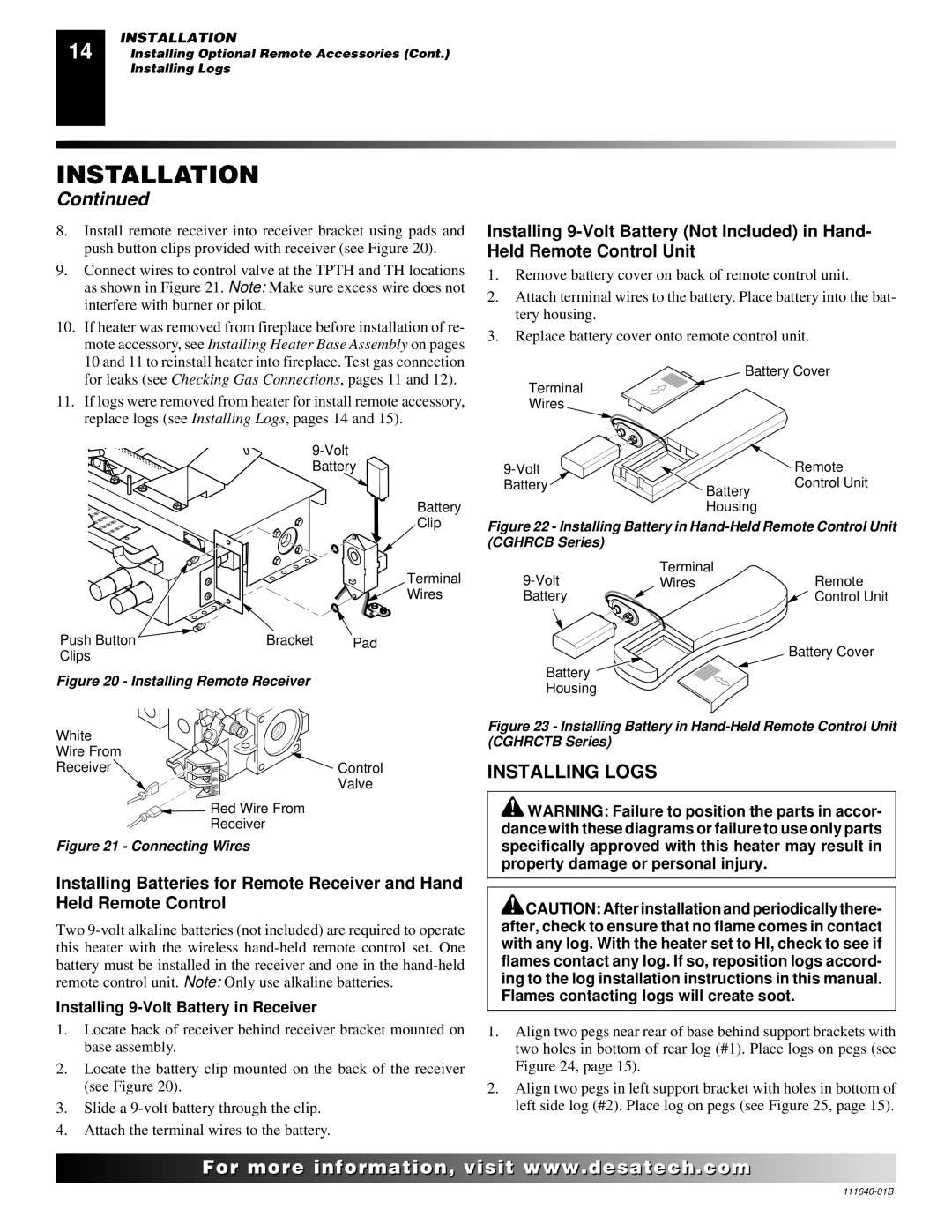 Desa VGL24PR, VGL24NR installation manual Installing Logs, Installing 9-Volt Battery in Receiver 