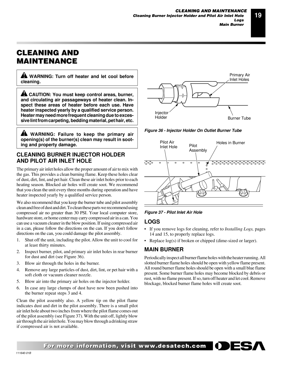 Desa VGL24NR, VGL24PR Cleaning Maintenance, Cleaning Burner Injector Holder and Pilot AIR Inlet Hole, Logs 