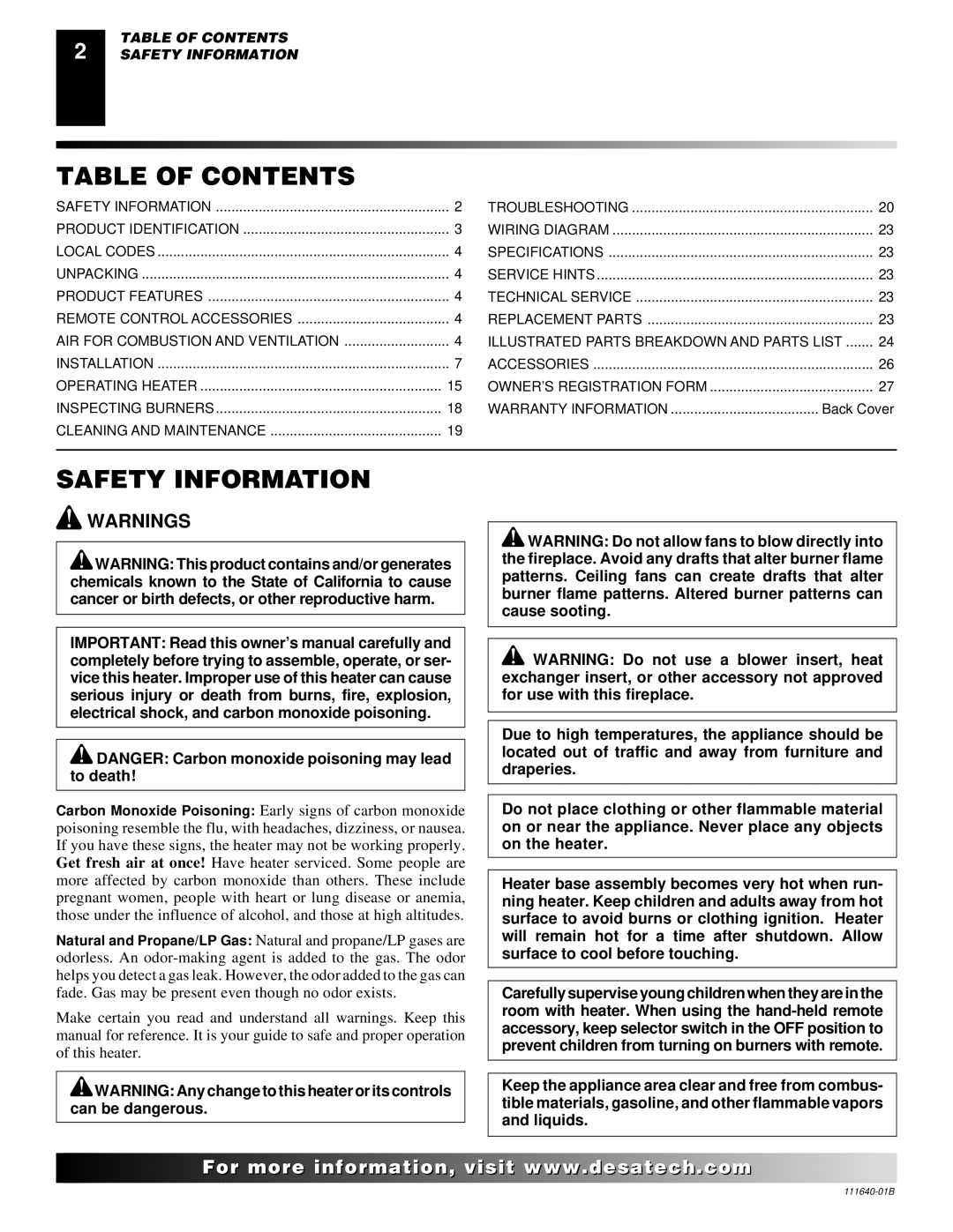 Desa VGL24PR, VGL24NR installation manual Table of Contents, Safety Information 