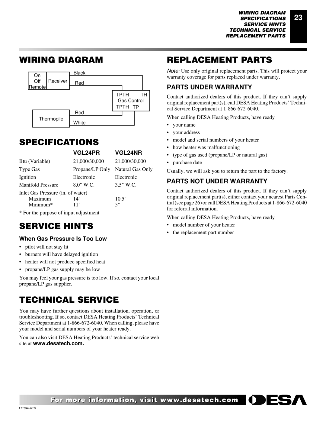 Desa VGL24NR, VGL24PR installation manual Wiring Diagram Replacement Parts, Specifications, Service Hints, Technical Service 