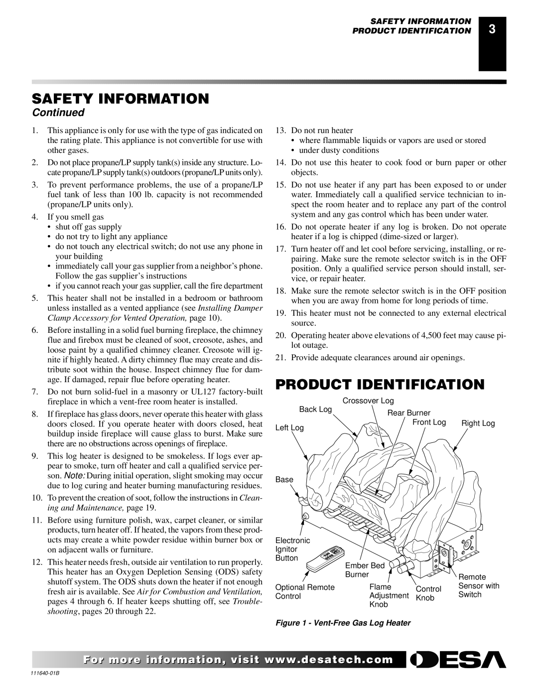 Desa VGL24NR, VGL24PR installation manual Product Identification, Vent-Free Gas Log Heater 