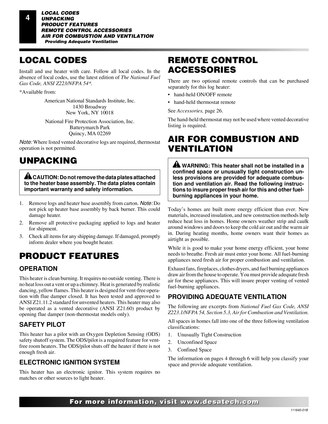 Desa VGL24PR Local Codes, Unpacking, Product Features, Remote Control Accessories, AIR for Combustion and Ventilation 