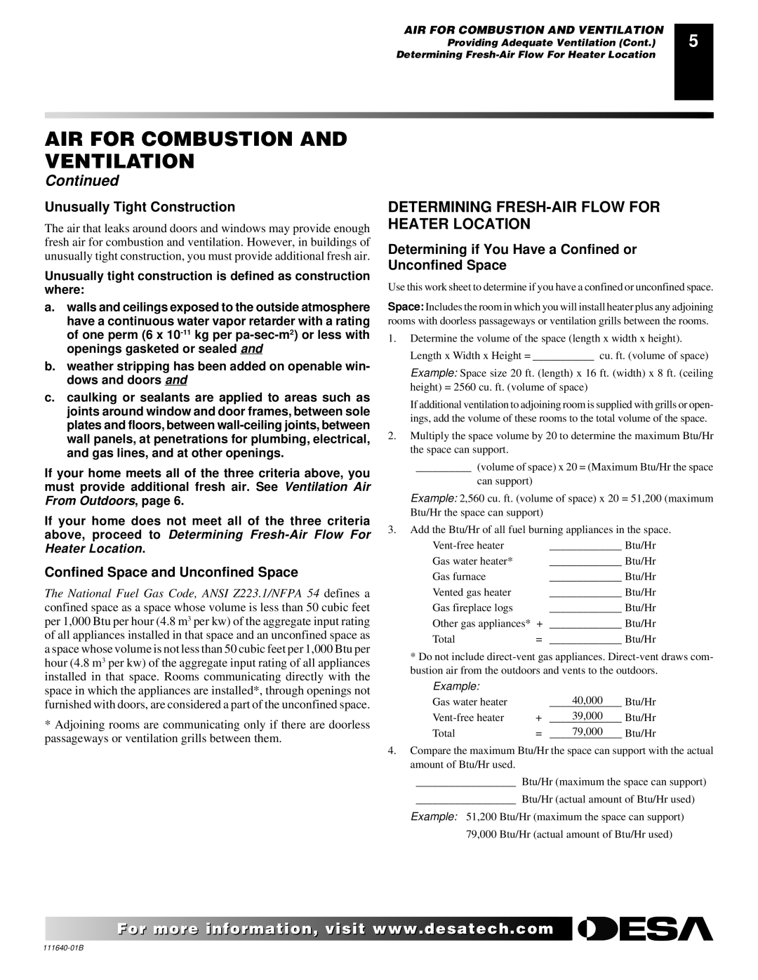 Desa VGL24NR, VGL24PR installation manual Determining FRESH-AIR Flow for Heater Location, Unusually Tight Construction 